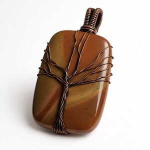 NEW Polygram Jasper Stone Pendant with Copper Wire Tree Design